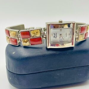 Marcel Druker Rectangle Silver Case Watch w/Orange Coral and Beige Stone Inlays